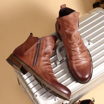 Мужские ботинки 2023 года выпуска, удобные ботильоны в стиле ретро, нескользящая кожаная мужская обувь, Ковбойские сапоги, Мужская обувь, кроссовки