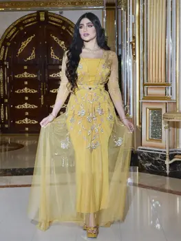 Платье с длинным хвостом с Бриллиантами на Ближнем Востоке, Халат с кружевным рукавом-пузырем, Желтое платье-труба