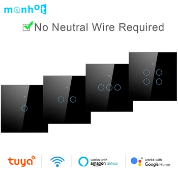 Tuya Smart Wifi Выключатель Света Без Нейтрального Провода Сенсорная Панель ЕС Настенный Выключатель Беспроводной Пульт Дистанционного Управления Голосовое Управление Alexa Google Home
