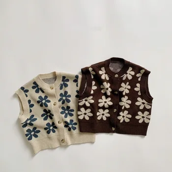 Весенне-осенний модный детский свитер, жилет, однобортный вязаный жилет с цветочным рисунком для девочек на 1-8 лет