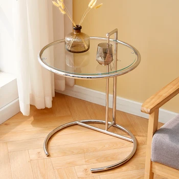 Подъемный журнальный столик в скандинавском стиле, Круглый стеклянный стол, диван для гостиной, приставной столик, Прозрачный столик для хранения
