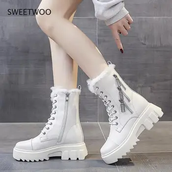 Женские Белые Кожаные Зимние ботинки, Женская обувь на толстой подошве, Модные Теплые плюшевые водонепроницаемые ботильоны, Женские ботинки