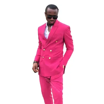 Мужские костюмы повседневные, новейший дизайн, модный Розово-розовый мужской блейзер и брюки, однотонная двубортная офисная деловая одежда, тонкий комфортный комплект
