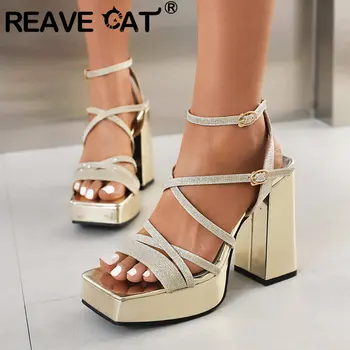 REAVE Cat женщины сандалии квадратный носок блок каблук 12см, платформа 3см кроссовер ремешок с пряжкой большой размер 40 Сексуальная мода Леди обувь