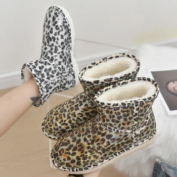 Женские зимние ботинки Leopard, женская дизайнерская обувь, Обувь для женщин класса люкс 2023, зимний мех со стразами, женские резиновые короткие ботильоны
