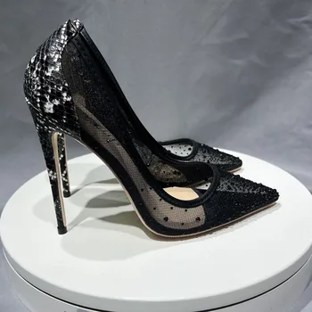 Блестящие стразы, Черные сетчатые женские туфли-лодочки в стиле пэчворк, туфли-лодочки на шпильке, высокие каблуки 12 см, женские туфли-слипоны с острым носком для свадебной вечеринки