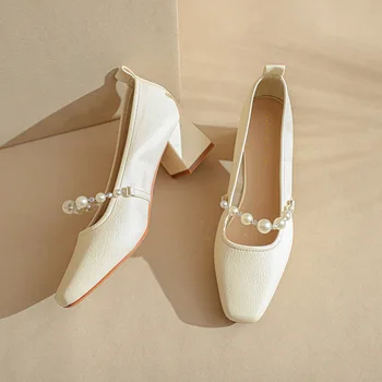 2023 Женские туфли-лодочки Mary Janes на квадратном каблуке, элегантные свадебные туфли-лодочки, роскошные бусины, жемчуг, Мягкая Удобная искусственная кожа, средний каблук