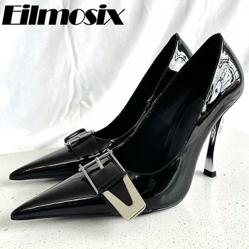Офисные женские туфли из черной лакированной кожи, новинка 2023 года, металлические туфли на тонком каблуке с пряжкой для ремня, туфли с острым носком, женские туфли на мелком каблуке с котенком
