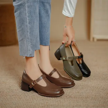 Модные весенне-летние женские туфли Mary Janes на плоской подошве с квадратным носком и толстым каблуком, высококачественный Т-образный ремешок с пряжкой из спилка