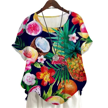 CLOOCL, Свободные повседневные блузки, футболки с гавайским принтом, Украшение на пуговицах, круглый вырез, Женские праздничные блузки с короткими рукавами