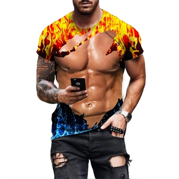 Мужская модная забавная футболка, Футболка Fresh Flame с 3D мышечным принтом, Винтажный уличный топ Muscle Street, Летняя дышащая Одежда2023
