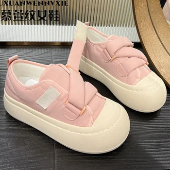 Lolita Kawaii Повседневная парусиновая обувь на платформе, японская розово-белая спортивная обувь, женские кроссовки для бега, вулканизированная плоская мода Harajuku