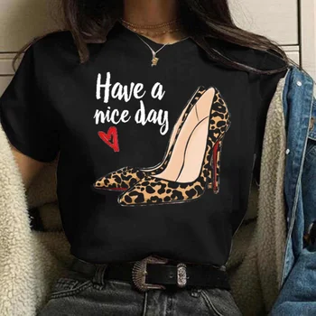 Модная леопардовая футболка на высоком каблуке с графическим принтом, женская повседневная футболка с круглым вырезом, Летние женские топы в корейском стиле, футболка