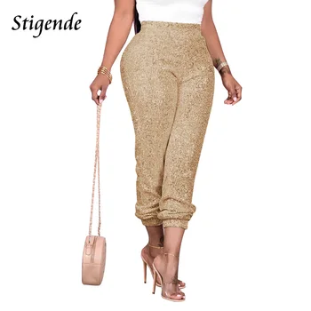 Stigende, женские сексуальные блестящие брюки с пайетками, праздничная одежда, модные брюки-карандаш с пайетками на талии Миди