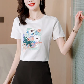 Новая хлопковая женская футболка, свободные летние футболки с цветочным принтом и коротким рукавом, повседневный модный топ с круглым вырезом
