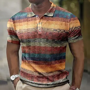 Новая летняя мужская рубашка поло в винтажную полоску с графическими принтами и геометрией, повседневная уличная блузка с отложным воротником