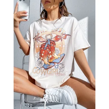 Летняя горячая женская футболка WIID WEST GOWGIRL с открытыми плечами, модная футболка с короткими рукавами, свободные эстетичные женские топы большого размера