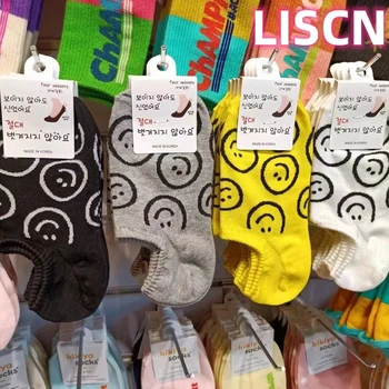 LISCN 2023, Новые модные Носки с глубоким вырезом и смайликовым принтом, Красочные носки до щиколотки, Весенние хлопковые носки-лодочки для женщин, уличные аксессуары для девочек