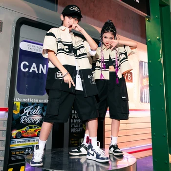 Детская одежда для выступлений в стиле хип-хоп, черная бейсбольная рубашка, уличные шорты-карго для девочек и мальчиков, костюм для джазовых танцев, подростковая одежда