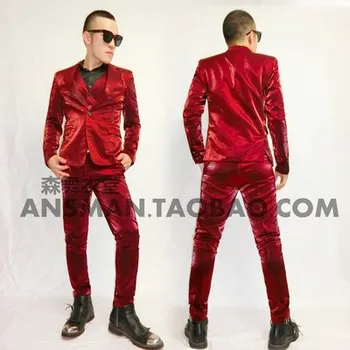 Мужской приталенный костюм, пальто, жилет, брюки, наряды из 3 предметов, Фантазийное винно-красное платье из шелковистого светоотражающего атласа для выступлений на сцене