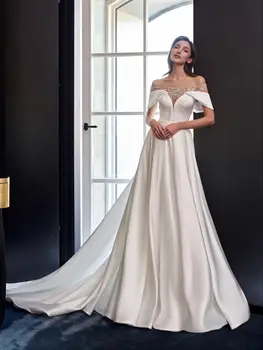 2023 Винтажное Атласное свадебное платье с вырезом лодочкой и открытыми плечами, расшитое хрусталем, Свадебное платье Со шлейфом Vestidos De Novia На заказ