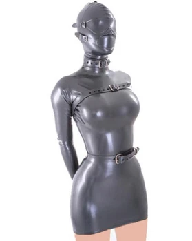 Сексуальное облегающее платье из серебристой латексной резины с капюшоном, маской для глаз, крышкой для рта и поясом