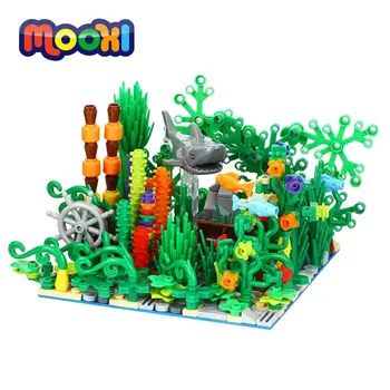 Подводный мир MOOXI, Акула, морские водоросли, Рыбный блок, развивающая детская игрушка для детей, подарок на День рождения, Строительные кирпичные детали своими руками MOC 3011