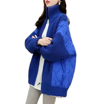 Женский синий свитер, пальто, осень-зима, женская пуховая хлопчатобумажная одежда, Свободный Ленивый Ветер, Толстая вязка, женское хлопчатобумажное пальто