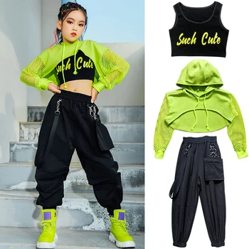 Новый джазовый костюм, одежда для девочек в стиле хип-хоп, Зеленые топы с сетчатыми рукавами, Черные штаны в стиле хип-хоп для детей, одежда для современных танцев