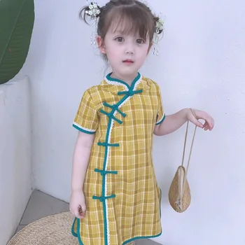 2021 Китайский Чонсам для девочек от 2 до 11 лет, винтажные желто-розовые клетчатые платья с коротким рукавом, летние платья принцессы