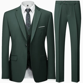 Весенний мужской костюм, Свадебный Комплект для Мужчин С Зубчатым Лацканом, Однобортный, Черный, зеленый, 3 предмета (пальто + брюки + жилет), приталенный, Mont Erkek