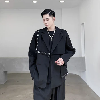 Осень 2021, корейский стиль, индивидуальность, Асимметричный дизайн с заклепками, мужской повседневный свободный костюм для ночного клуба, черный костюм для мужчин M-XL