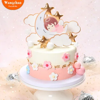 1 Комплект Милый Ангел Луна Звезды Облака Тема торта для торта на 1-й день рождения ребенка Одно Украшение для торта Принадлежности для вечеринки в честь Дня рождения ребенка