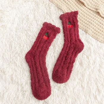 Вышитые бархатные носки цвета авокадо кораллового цвета, осенне-зимние теплые утолщенные женские носки средней длины, полотенце, зимние носки для пола, домашний сон
