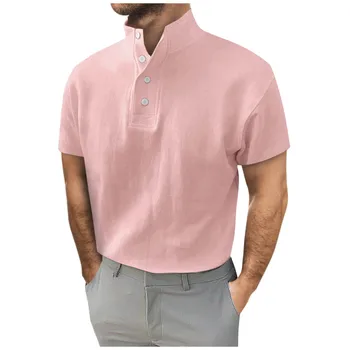 Мужские повседневные модные блузки С коротким рукавом, однотонная мужская одежда, блузки с высоким воротником на пуговицах, Рубашки Blusa Masculina
