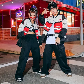 Детская одежда в стиле хип-хоп, мотоциклетная бейсбольная куртка, гоночная куртка, черные брюки-карго для девочек и мальчиков, маскарадный костюм для джазовых танцев