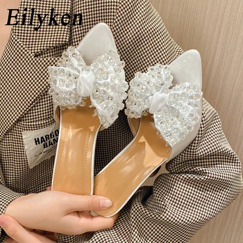 Eilyken/ Новые брендовые шелковые женские тапочки с бабочкой и узлом, дизайнерские босоножки на высоком каблуке, туфли-слипоны с острым носком, платье-слайдер