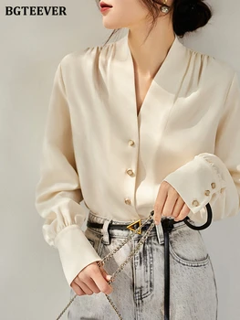 Стильные однобортные женские рубашки BGTEEVER с V-образным вырезом, блузки, Элегантная свободная женская блузка с длинным рукавом, офисные весенние блузки