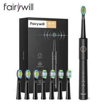 Звуковая электрическая зубная щетка Fairywill E11, водонепроницаемая Электрическая зубная щетка с USB-зарядкой, перезаряжаемая, 8 Сменных головок для щеток для взрослых