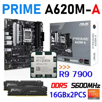 Материнская плата ASUS с разъемом AM5 PRIME A620M-A PCI-E 4.0 M.2 с комбинированным процессором AMD Ryzen 9 7900 + оперативная память Kingston DDR5 5600 МГц 16Gx2 Подходит для НОВОЙ