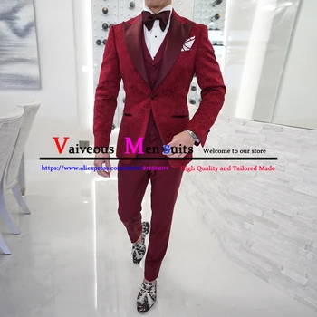 Бордовые жаккардовые костюмы для мужчин, идеальные свадебные костюмы 2022, одежда для жениха, 3 предмета (куртка + жилет + брюки) Комплект мужского костюма Terno Masculino