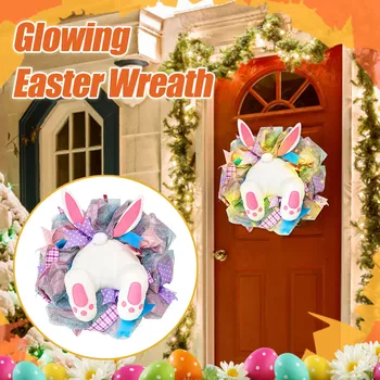 Светящийся зад Пасхального кролика с розово-белыми ушками В форме мультяшного Кролика, Милые декоративные венки, Пасхальные венки для оформления входной двери