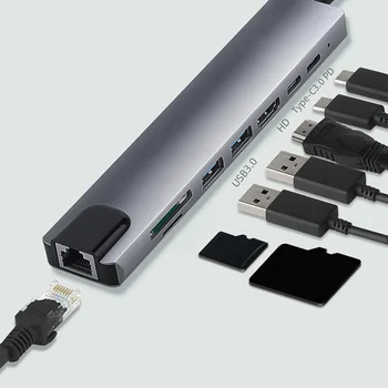 USB C Концентратор 8 В 1 Type C Адаптер 3,1-4K с RJ45 SD/TF Кард-Ридером PD Быстрая Зарядка для Ноутбука MacBook Портативный Компьютер