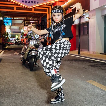 Детская одежда в стиле хип-хоп, черный укороченный топ, футболка, клетчатая уличная одежда, мешковатые штаны для бега трусцой для девочки и мальчика, костюм для джазовых танцев, комплект одежды
