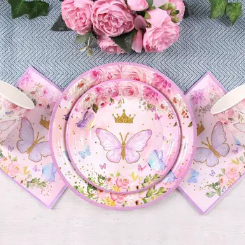 Розовая посуда для дня рождения с бабочкой, украшения для вечеринки по случаю Дня рождения с бабочкой, Детский декор с бабочкой, Топпер для торта, Девочка для душа ребенка