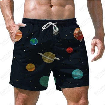 Новые мужские шорты 2023 Summer, пляжные брюки Space Planet, 3D принт, Гавайский пляжный стиль, Большие Мужские баскетбольные шорты с завязками для дома.