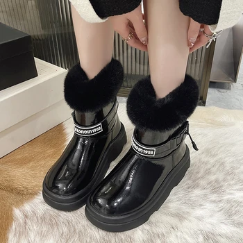 Женские ботильоны 2023, осенне-зимние зимние ботинки из искусственной кожи для женщин, теплая плюшевая зимняя обувь, модные зимние ботинки с пряжкой