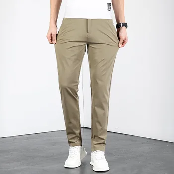 Весенне-летние Новые эластичные мужские повседневные брюки приталенного кроя, тонкие брюки, прямые мужские модные брюки из нетканого материала